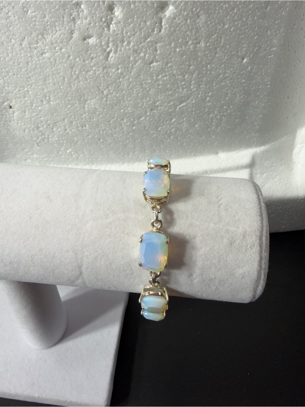 Sterling Silver 925 Link Toggle Bracelet Signed Oval White Opal Cabochon